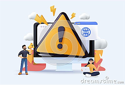 3D website testing, warning error. People examining operating system crash on web page isolated 3D render vector Vector Illustration