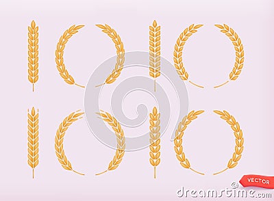 3d Wheat wreaths and grain spikes set icons. 3D Web Vector Illustrations Vector Illustration