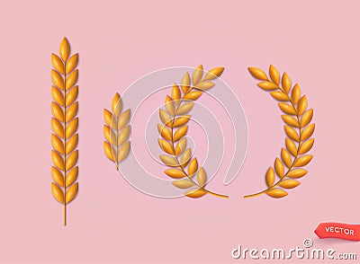 3d Wheat wreaths and grain spikes set icons. 3D Web Vector Illustrations Vector Illustration