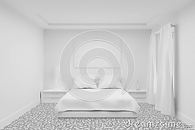 3d white bedroom interior room modern with curtain window and architecture plant on grey background abstract. 3d rendering for Stock Photo