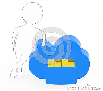 3d white - black outer lined character presenting a opened drawer in a cloud containing arranged stack of folders - cloud storage Stock Photo