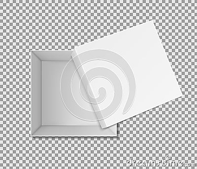 3d white box mockup with top, inside view. Open square package for gift. Realistic carton box with case on above. Unpacked Vector Illustration