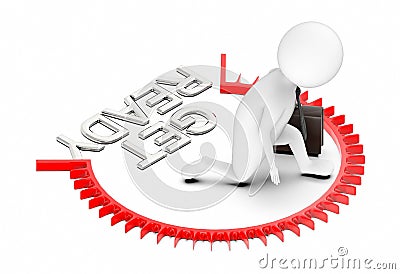 3d white business character holding a briefcase and in ready for race position near to get ready text Stock Photo