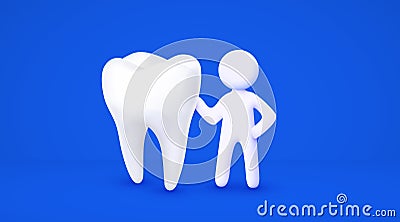 3d white cartoon man holding big tooth. Dentistry concept. Isolated blue background Vector Illustration