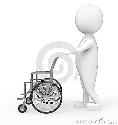 3d white character moving an empty wheel chair Stock Photo