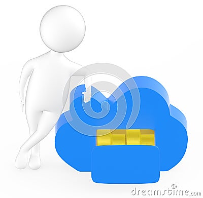 3d white character presenting a opened drawer in a cloud contain Stock Photo
