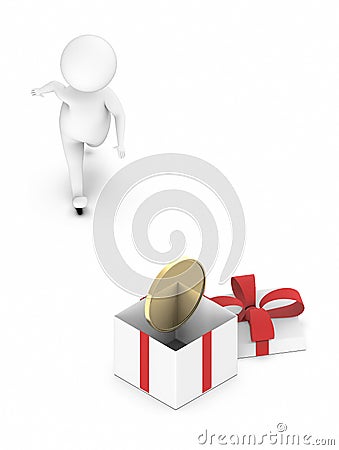 3d white character running near towards a unwrapped gift box with gold coin in it Stock Photo