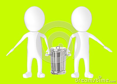 3d white character - two character carrying recycle bin Stock Photo