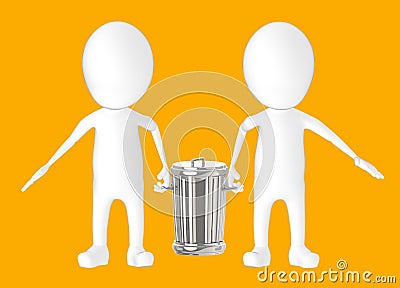 3d white character - two character carrying recycle bin Stock Photo