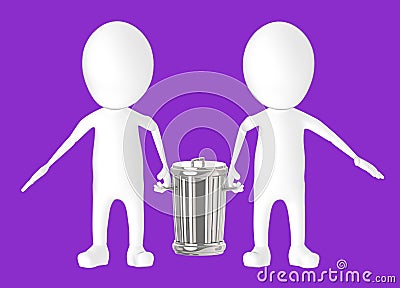 3d white character - two character carrying recycle bin Stock Photo