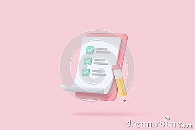 3d white clipboard task management todo check list with pencil, efficient work on project plan, fast progress, level up concept, Stock Photo