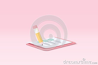 3d white clipboard task management todo check list with pencil, efficient work on project plan, fast progress, level up concept, Stock Photo