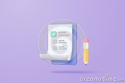 3d white clipboard task management todo check list with pencil, efficient work on project plan, progress level up concept, Stock Photo