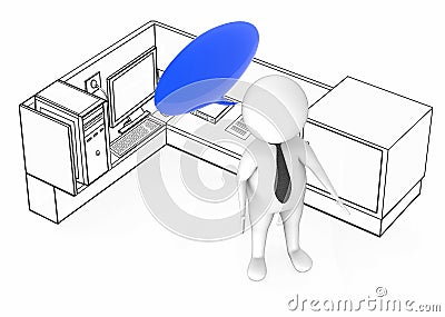 3d white guy with empty speech bubble standing inside a office cubicle Stock Photo