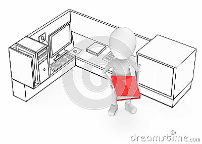 3d white guy holding a red color file in his hands and standing inside a office cubicle Stock Photo