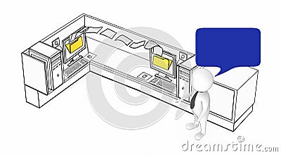 3d white guy with speech bubble standing next to two computers inside a office cubicle where file transfer is going on- intranet Stock Photo