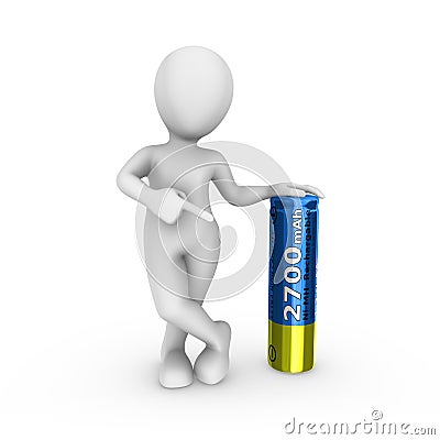 3d white man with blue rechargeable battery isolated on white background. Cartoon Illustration