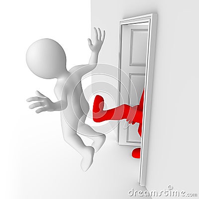 3d white man flies out of the door. Fired by a kick in the ass Stock Photo