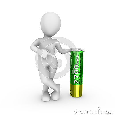 3d white man with green rechargeable battery isolated on white background. Cartoon Illustration