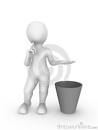 3d white man hold something yours over a recycle bin and thinks... Cartoon Illustration