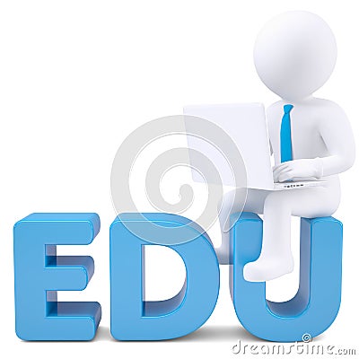 3d white man with laptop sitting on the word EDU Stock Photo