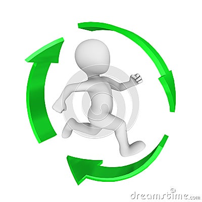 3d white man run in the green ring arrows. Cartoon Illustration