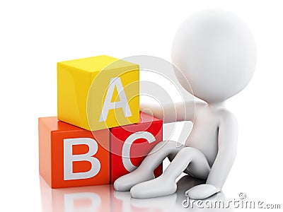 3d white people with ABC cubes on white background. Cartoon Illustration