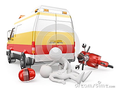 3D white people. Ambulance in a motorcycle accident Stock Photo
