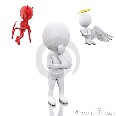 3D White people with Angel and Devil. Stock Photo