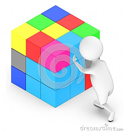 3d white people arranging a rubix cube Stock Photo