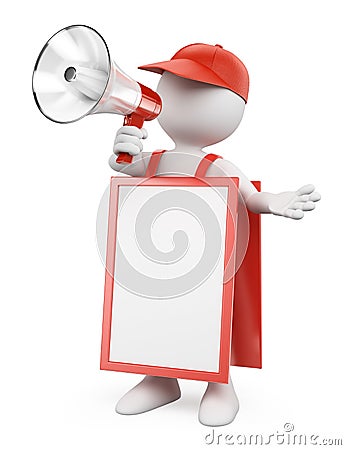 3D white people. Blank sandwich board man with a megaphone Stock Photo