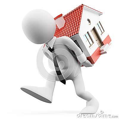 3D white people. Businessman carrying a house. Mortgage Stock Photo