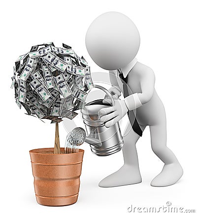 3D white people. Businessman watering a money plant Stock Photo