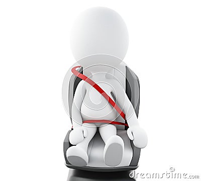 3d White people in car chair with auto seat belt Cartoon Illustration