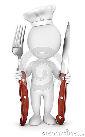 3d white people chef with fork and knife Stock Photo