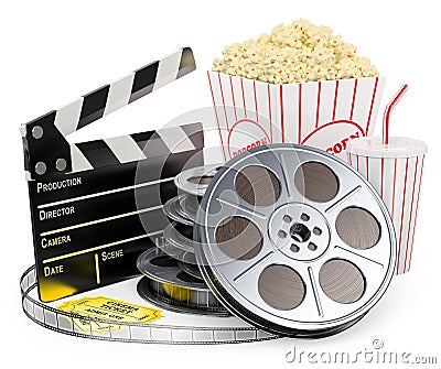 3D white people. Cinema clapper film reel drink and popcorn Stock Photo