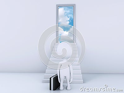 3d white people climbs the ladder to the doors of heaven. Stock Photo