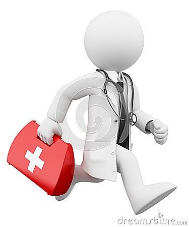 3D white people. Doctor running with a first aid kit Stock Photo