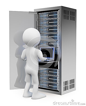 3D white people. Engineer in rack network server room Stock Photo