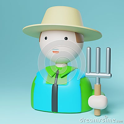 3d white people. Gardener, farmer with a rake in a hat. 3d illustration Stock Photo