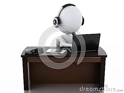 3d white people with a Headphones with Microphone and laptop. Stock Photo