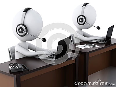 3d white people with a Headphones with Microphone and laptop. Stock Photo