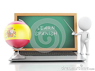 3d white people with laptop. Learn spanish concept. Stock Photo