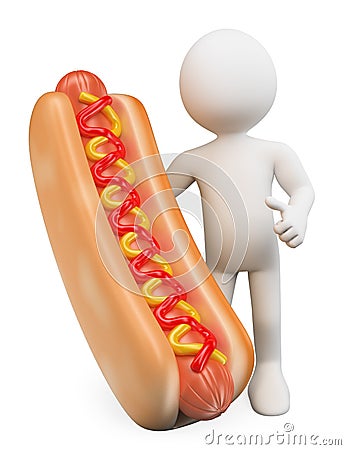 3D white people. Man with a hot dog with ketchup and mustard Stock Photo