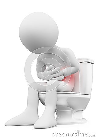 3D white people. Man with stomachache in the bathroom Stock Photo