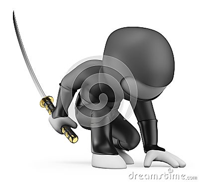 3D white people. Ninja squatting with a katana Stock Photo