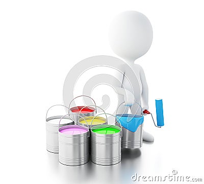 3d White people with paint buckets and paint roller. Stock Photo