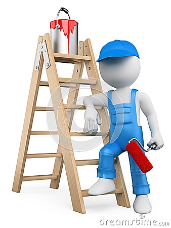 3D white people. Painter with ladder Stock Photo