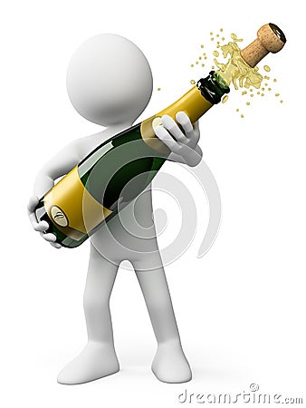 3D white people. Popping the cork of a bottle of Champagne Stock Photo