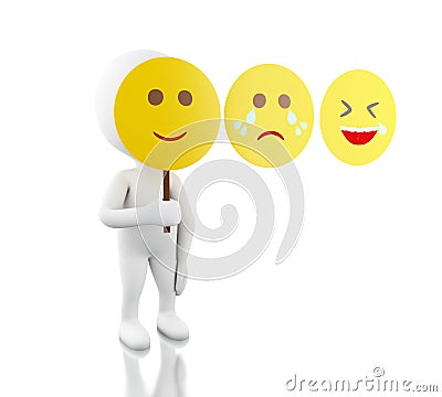 3d White people with sad, funny and smiley face mask Cartoon Illustration